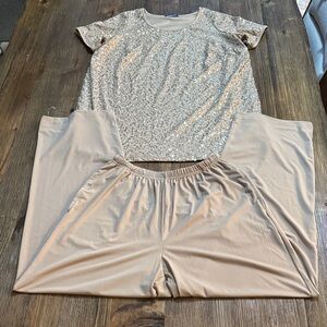 Roaman's Sequin Top and Pants Set in Beige